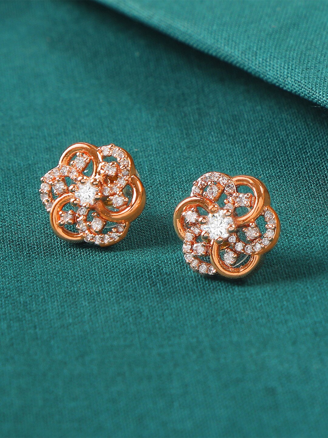 

ZINU Women White Cubic Zirconia studded Rose Gold Plated Floral Studs