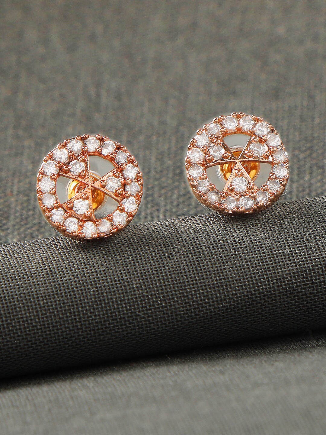 

ZINU Women White Cubic Zirconia studded Rose Gold Plated Circular Studs