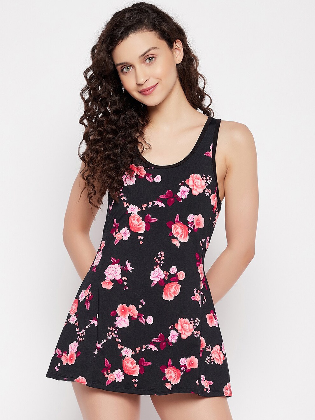 

Clovia Women Black & Pink Floral Printed Swimwear with Attached Shorts