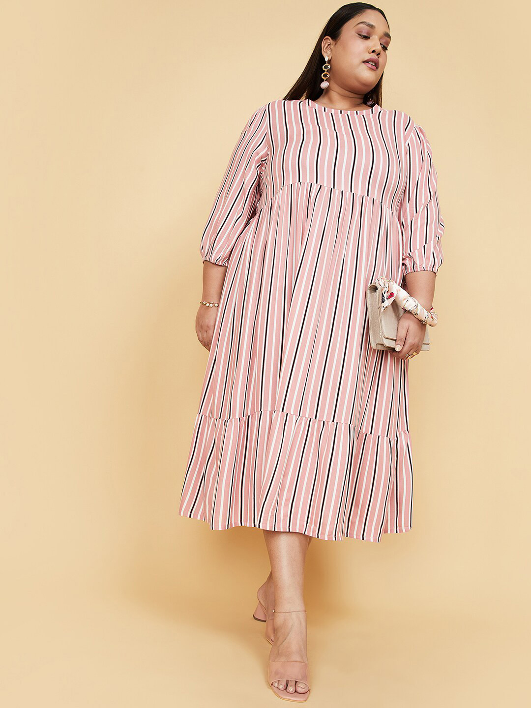 

max Mauve & Black Striped A-Line Midi Dress