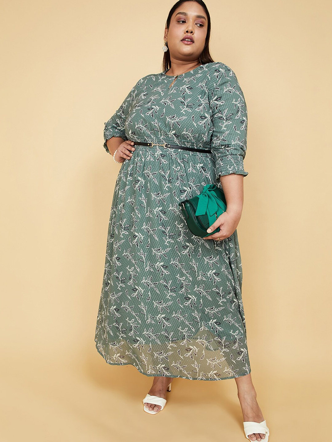 

max Floral Printed Cuffed Sleeves Maxi Dress, Green