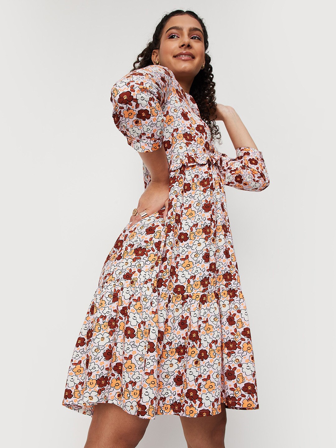 

max White & Brown Floral Printed A-Line Dress