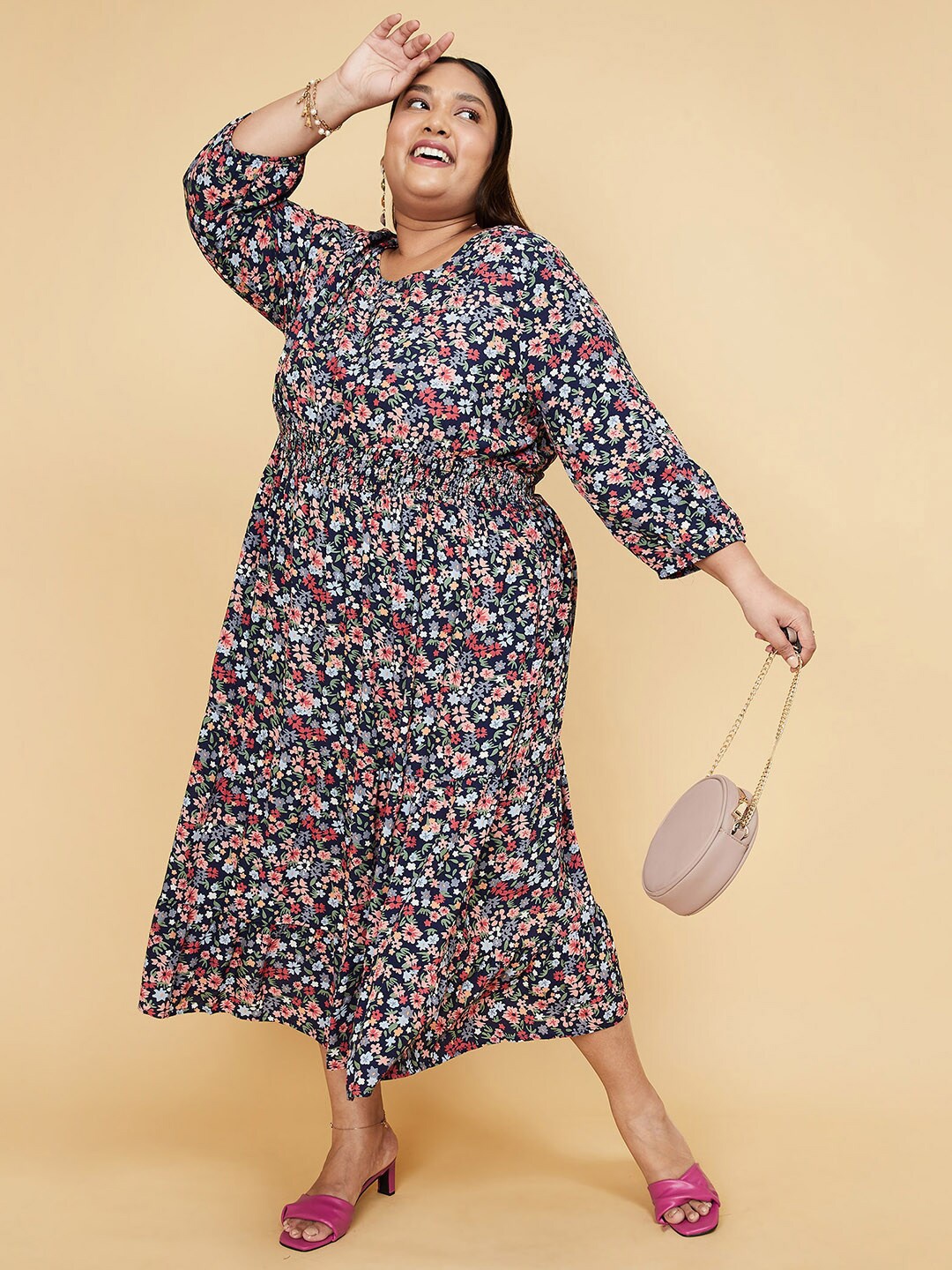 

max Blue Floral Printed A-Line Midi Dress