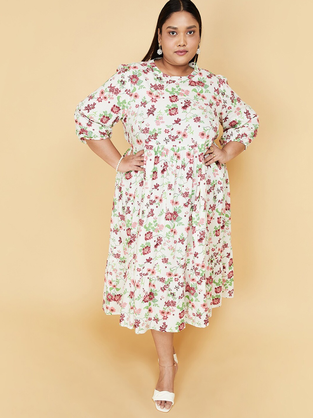 

max Cream Floral Printed A-Line Midi Dress