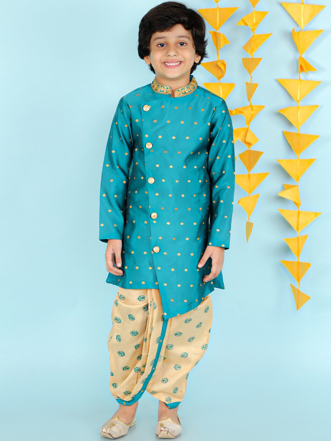 

KID1 Boys Turquoise Blue Ethnic Motifs Embroidered Sherwani Set