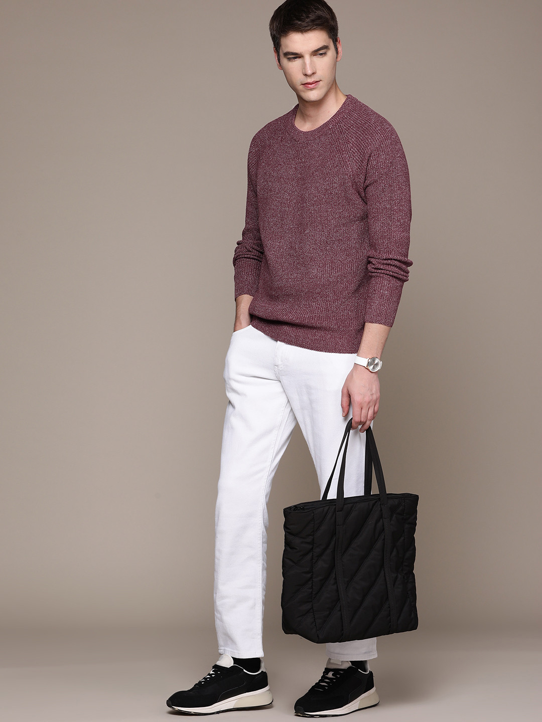 

MANGO MAN Self Design Raglan Sleeves Sustainable Pullover, Maroon