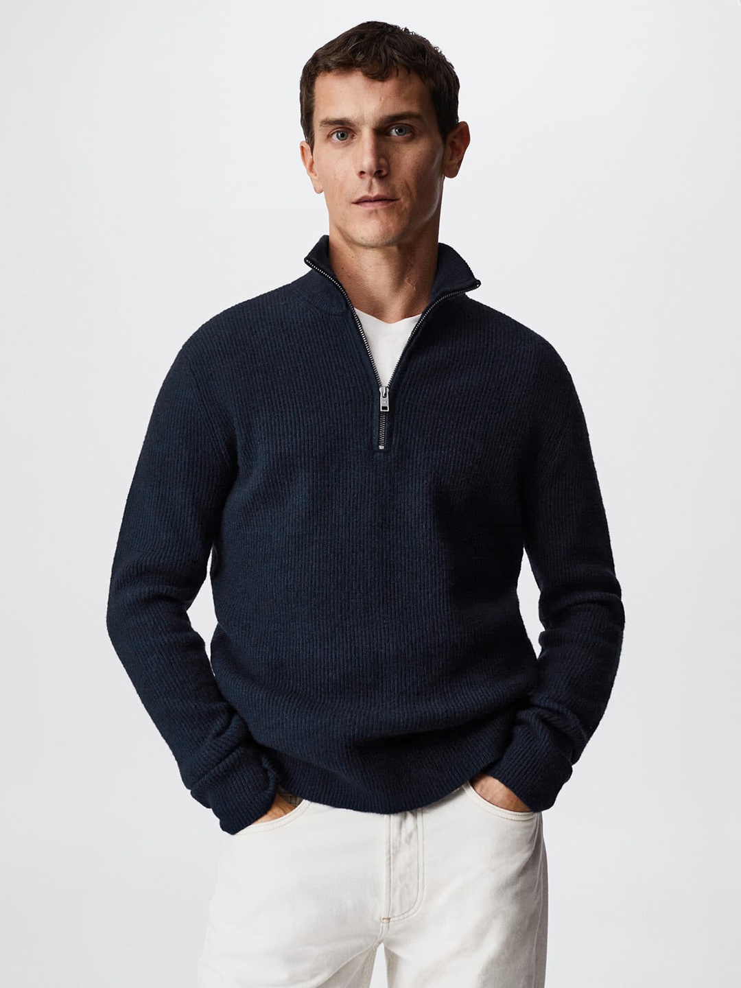 

MANGO MAN Navy Blue Ribbed Sustainable Pullover