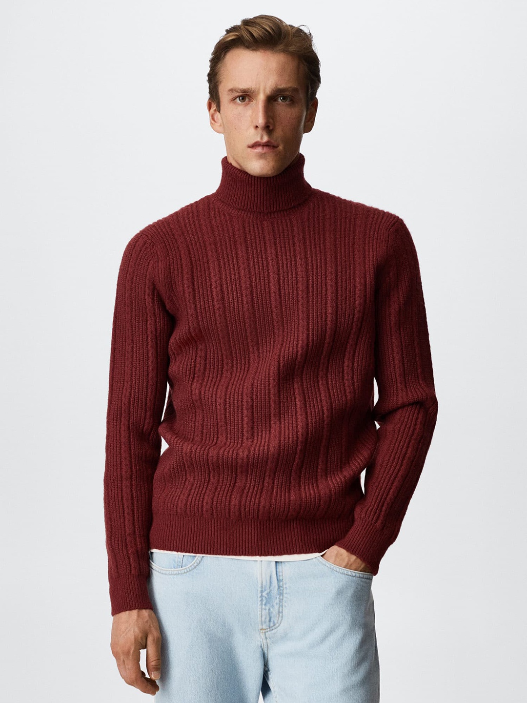 

MANGO MAN Self Design Striped Cable Knit Pullover, Brown