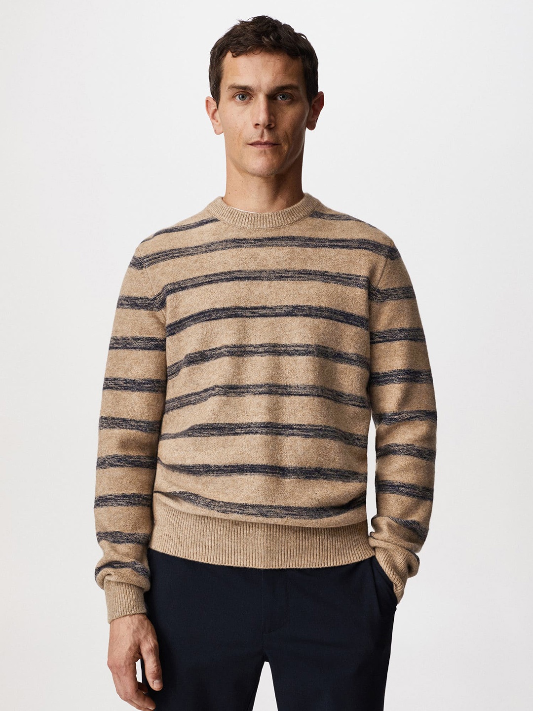 

MANGO MAN Beige & Black Striped Sustainable Pullover