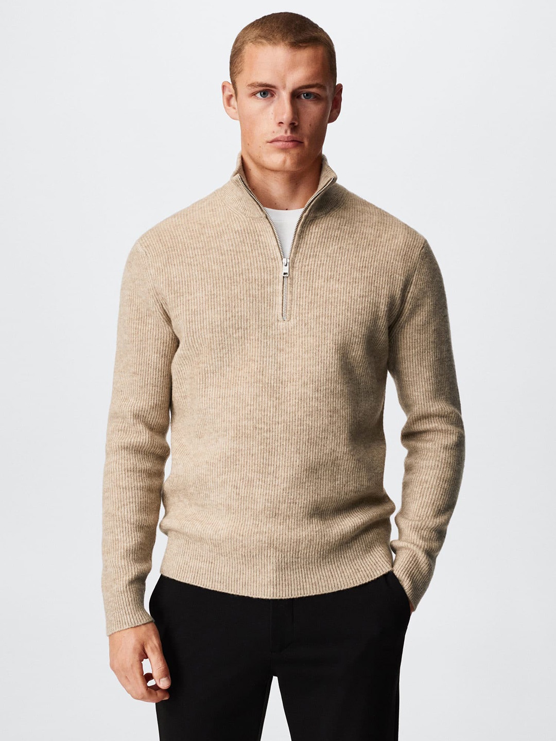 

MANGO MAN Zipped High Collar Sustainable Pullover, Beige