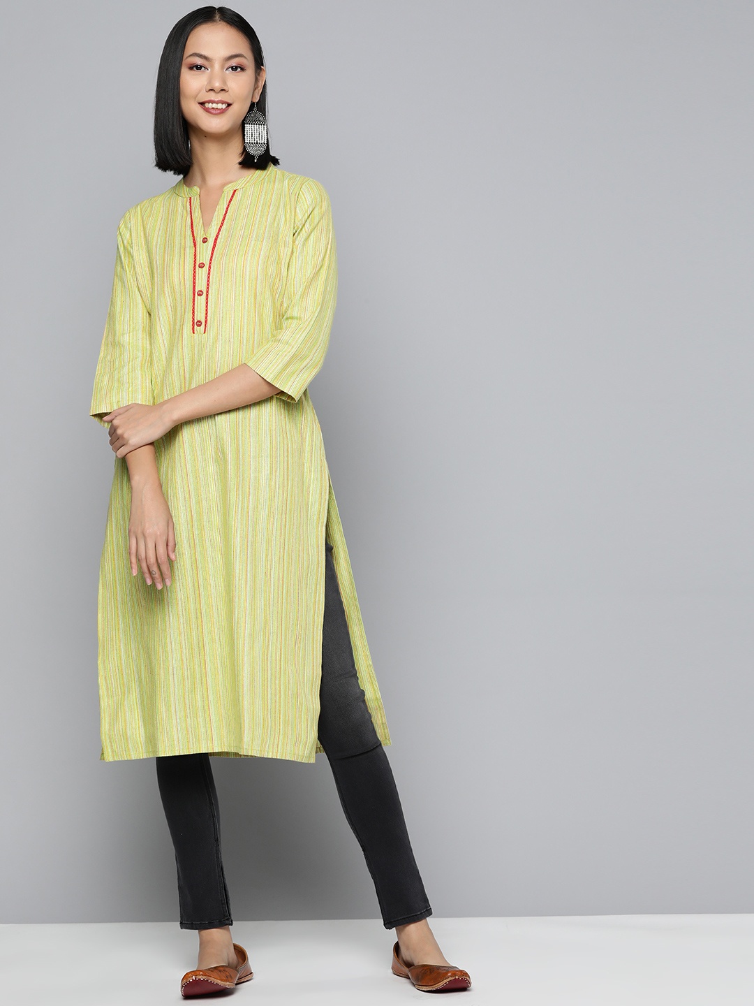 

HERE&NOW Women Yarn Dyed Mandarin Collar Striped Kurta, Green