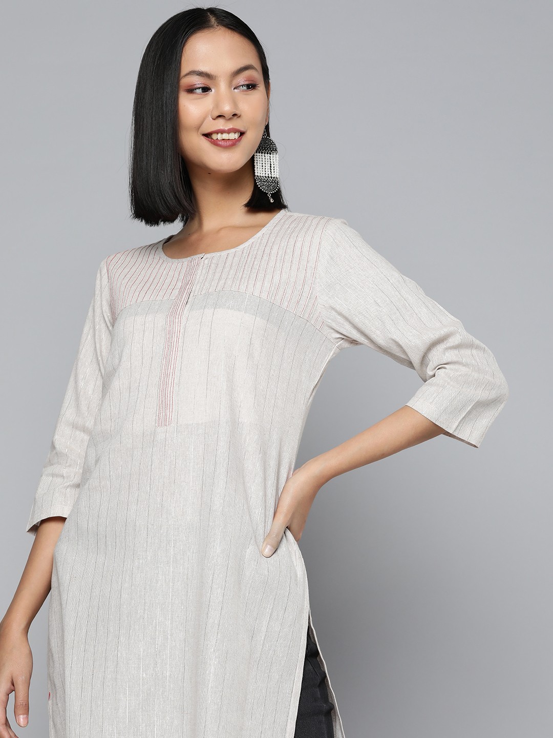 

HERE&NOW Women Yarn Dyed Striped Kurta, Off white
