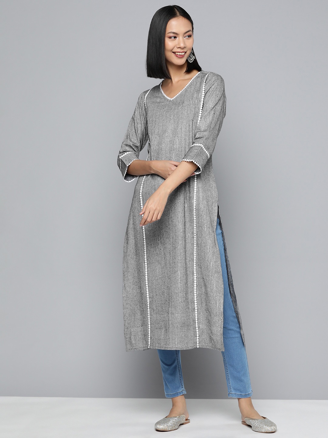 

HERE&NOW Women Yarn Dyed Striped Kurta With Lace Detail, Grey