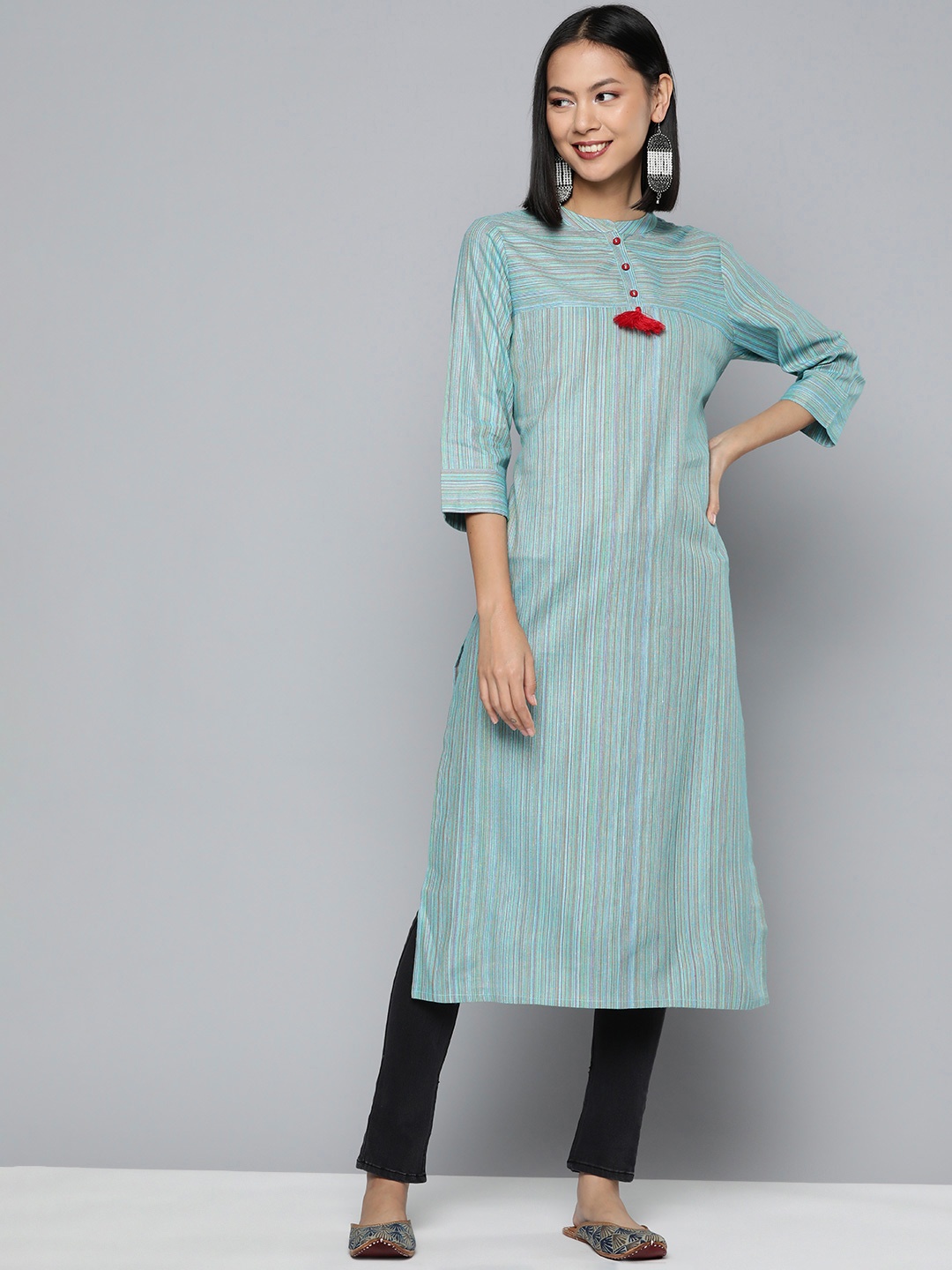 

HERE&NOW Women Yarn Dyed Striped Mandarin Collar Kurta, Turquoise blue