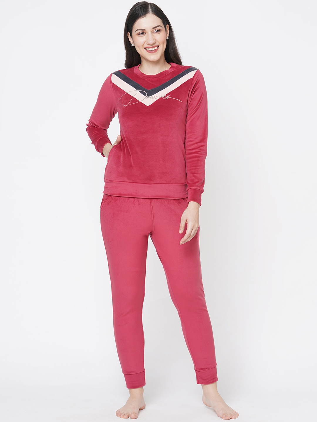 

Sweet Dreams Women Striped Night Suit, Red