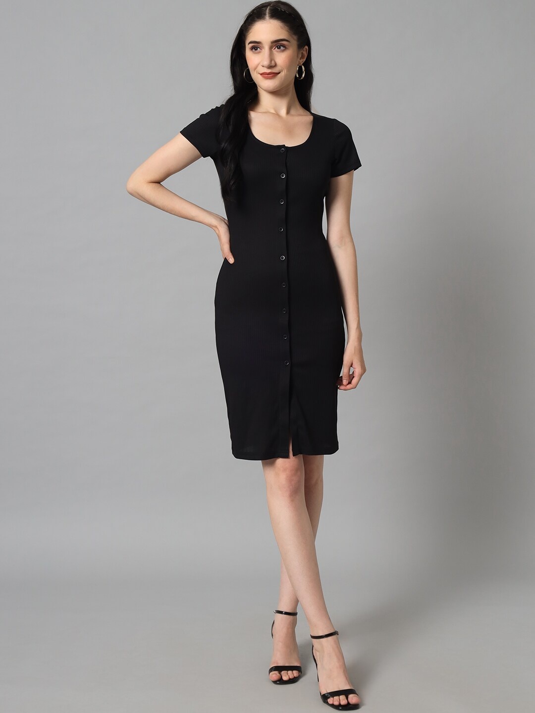 

The Vanca Short Sleeves Round Neck Ethnic Sheath Dress, Black