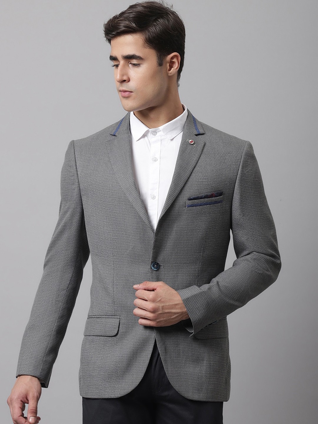 

Cantabil Men Grey Self Design Single-Breasted Formal Blazer