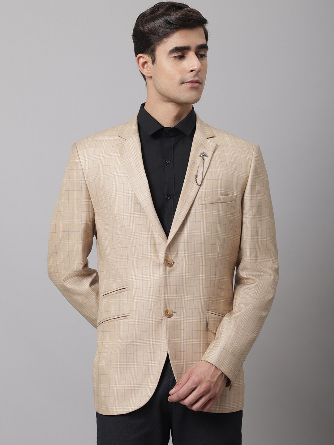 

Cantabil Men Camel Brown Checked Single-Breasted Formal Blazer