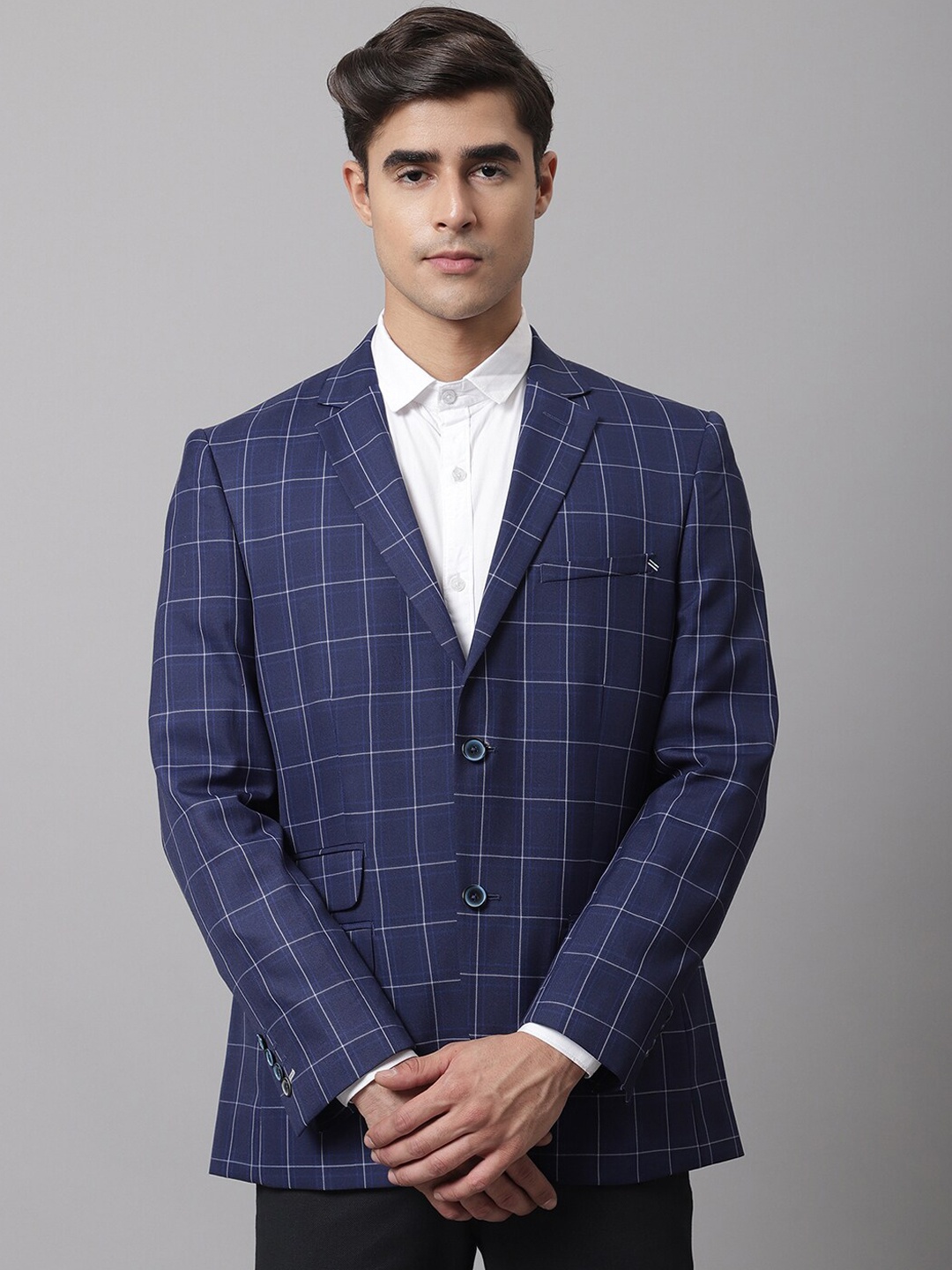 

Cantabil Men Navy Blue Checked Single-Breasted Formal Blazer
