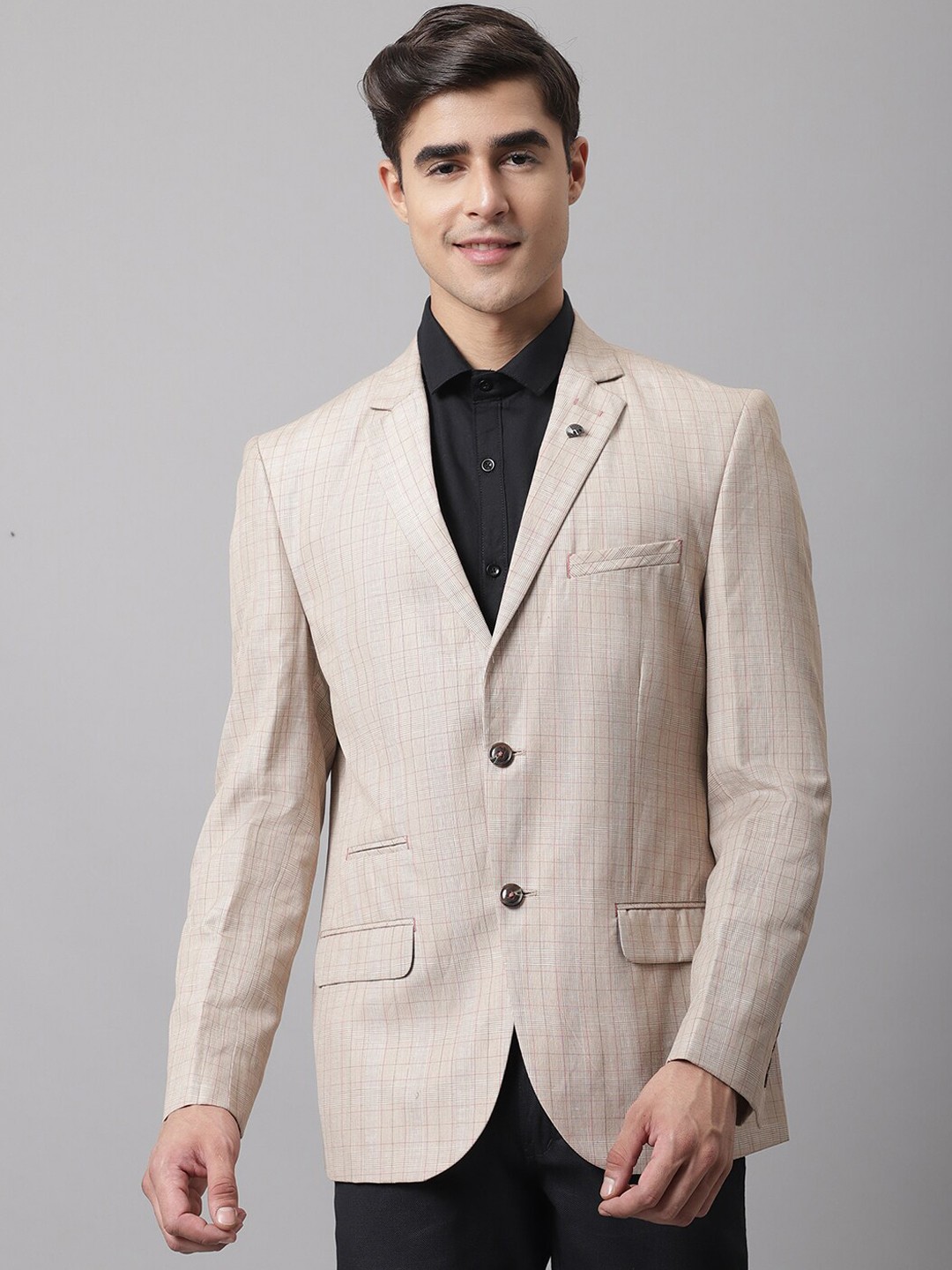 

Cantabil Men Fawn Checked Regular-Fit Single Breasted Formal Blazer, Beige