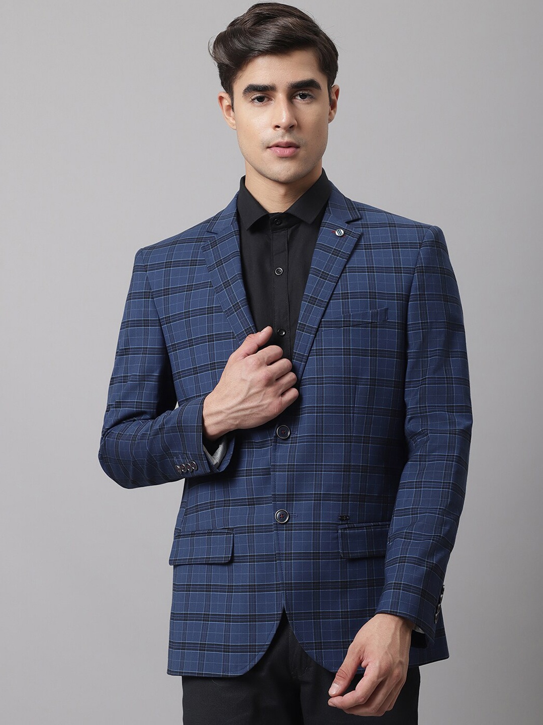 

Cantabil Men Navy Blue Checked Single-Breasted Formal Blazer