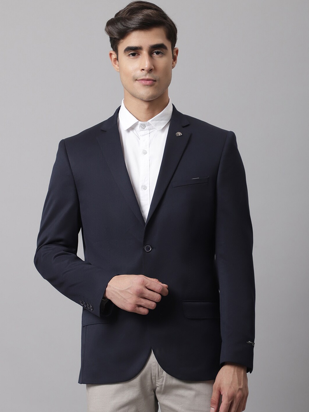 

Cantabil Men Navy Blue Suede Single-Breasted Formal Blazer