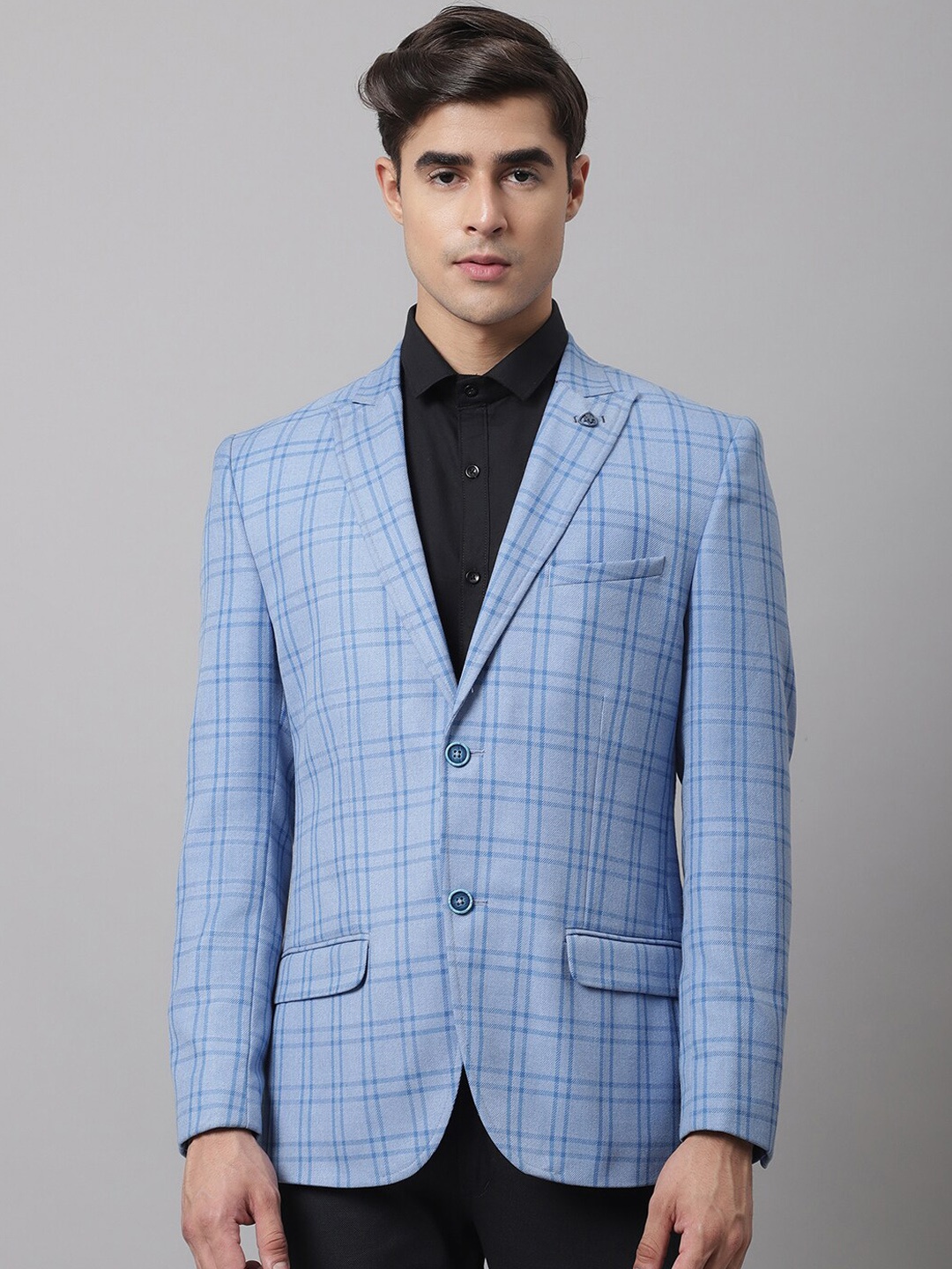 

Cantabil Men Blue Checked Suede Single-Breasted Formal Blazer