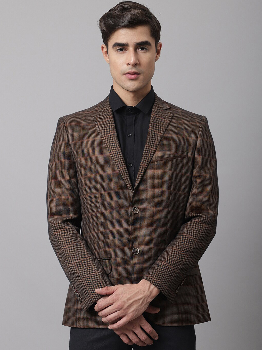 

Cantabil Men Camel Brown Checked Single-Breasted Formal Blazer