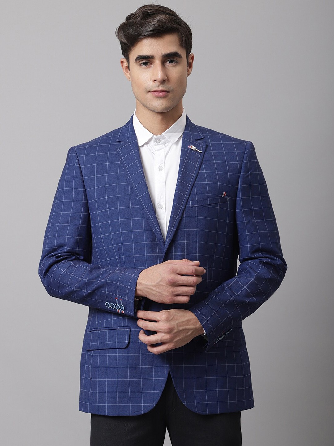 

Cantabil Men Blue Checked Single-Breasted Formal Blazer
