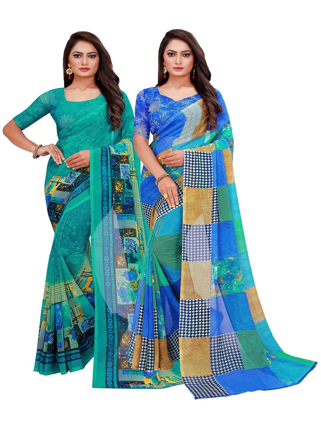 

Silk Bazar Pack of 2 Blue & Turquoise Blue Pure Georgette Saree