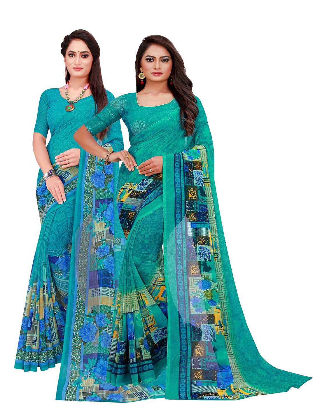

Silk Bazar Pack of 2 Turquoise Blue & Green Printed Pure Georgette Saree