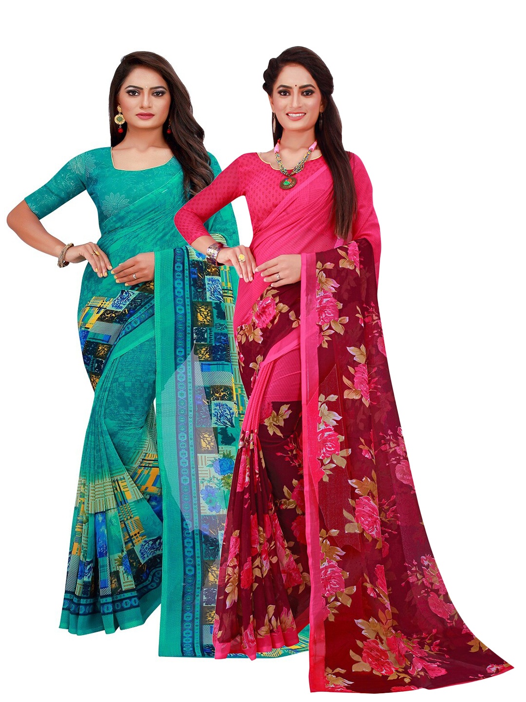 

Silk Bazar Pack of 2 Turquoise Blue & Magenta Printed Pure Georgette Saree