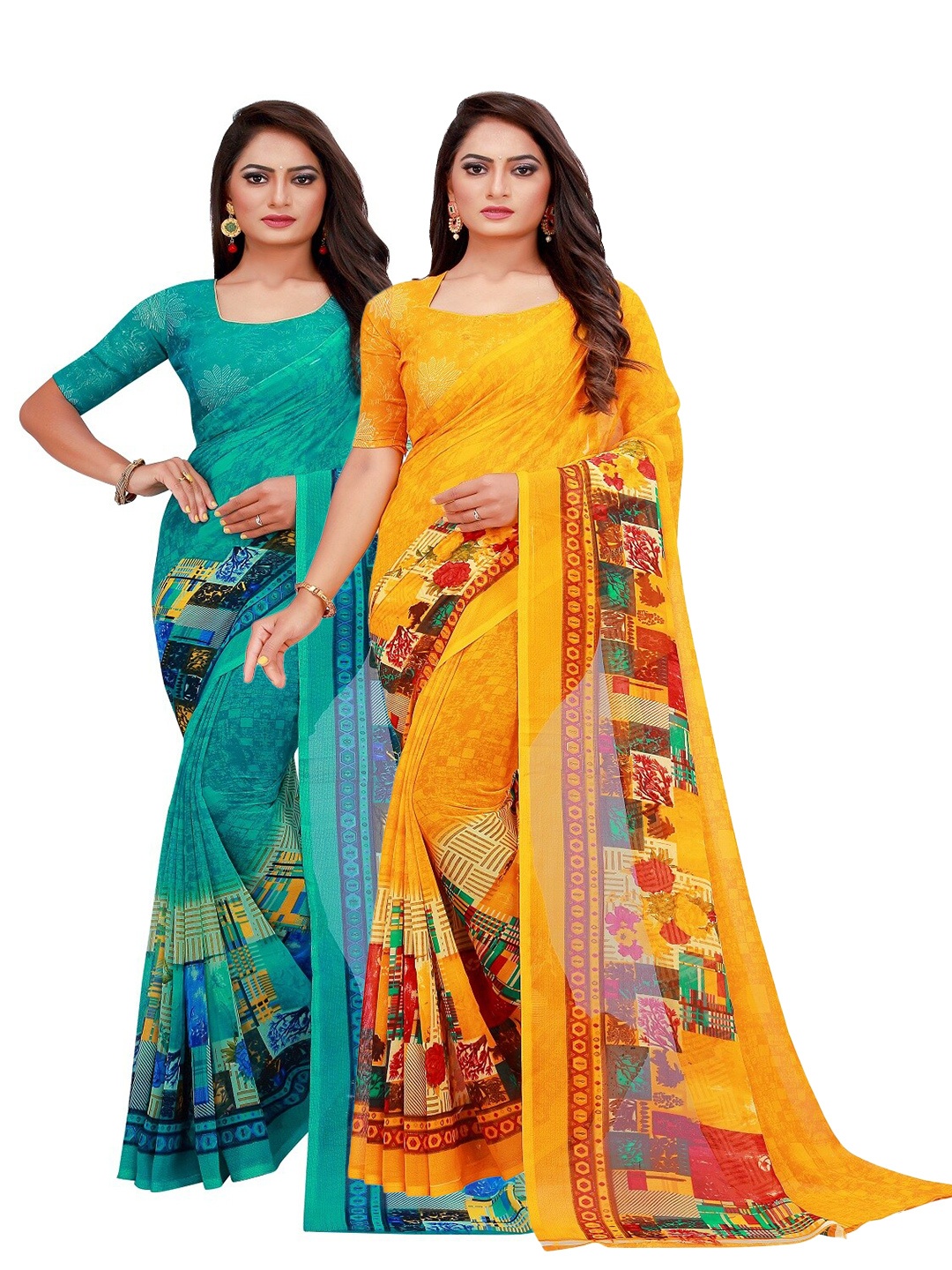 

Silk Bazar Pack of 2 Turquoise Blue & Yellow Printed Pure Georgette Saree