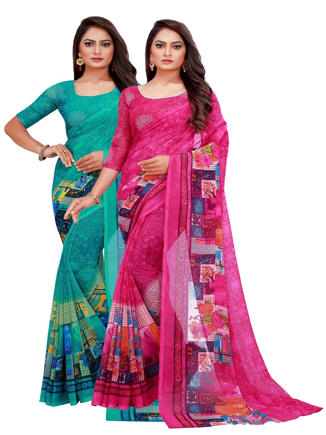 

Silk Bazar Pack of 2 Turquoise Blue & Magenta Printed Pure Georgette Saree