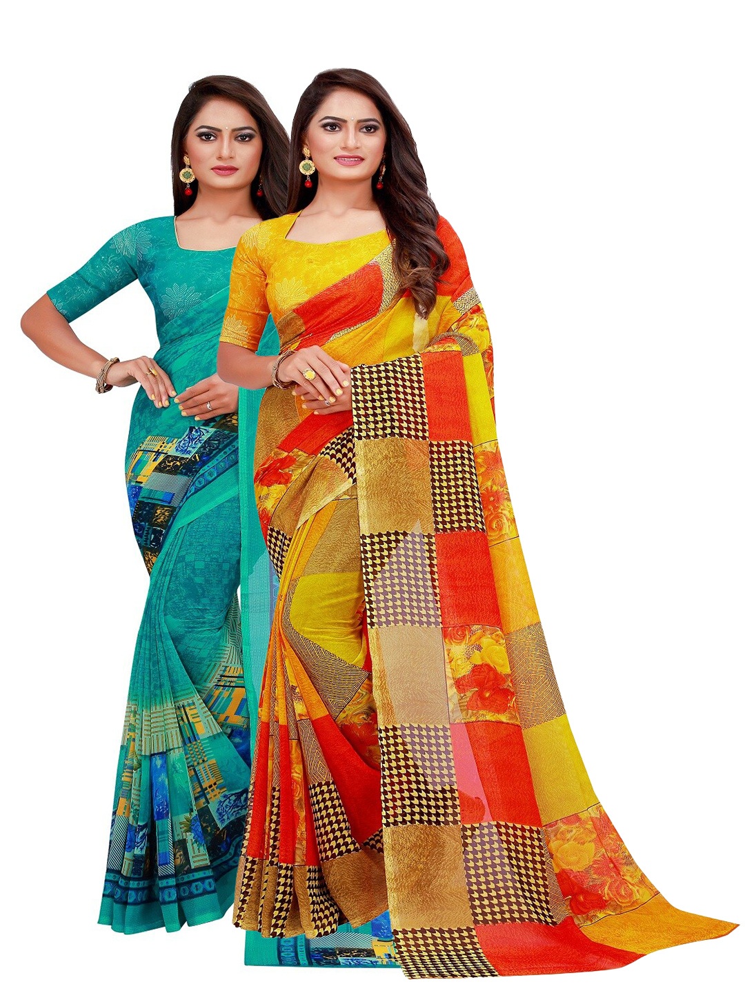 

Silk Bazar Pack of 2 Yellow & Turquoise Blue Printed Pure Georgette Saree