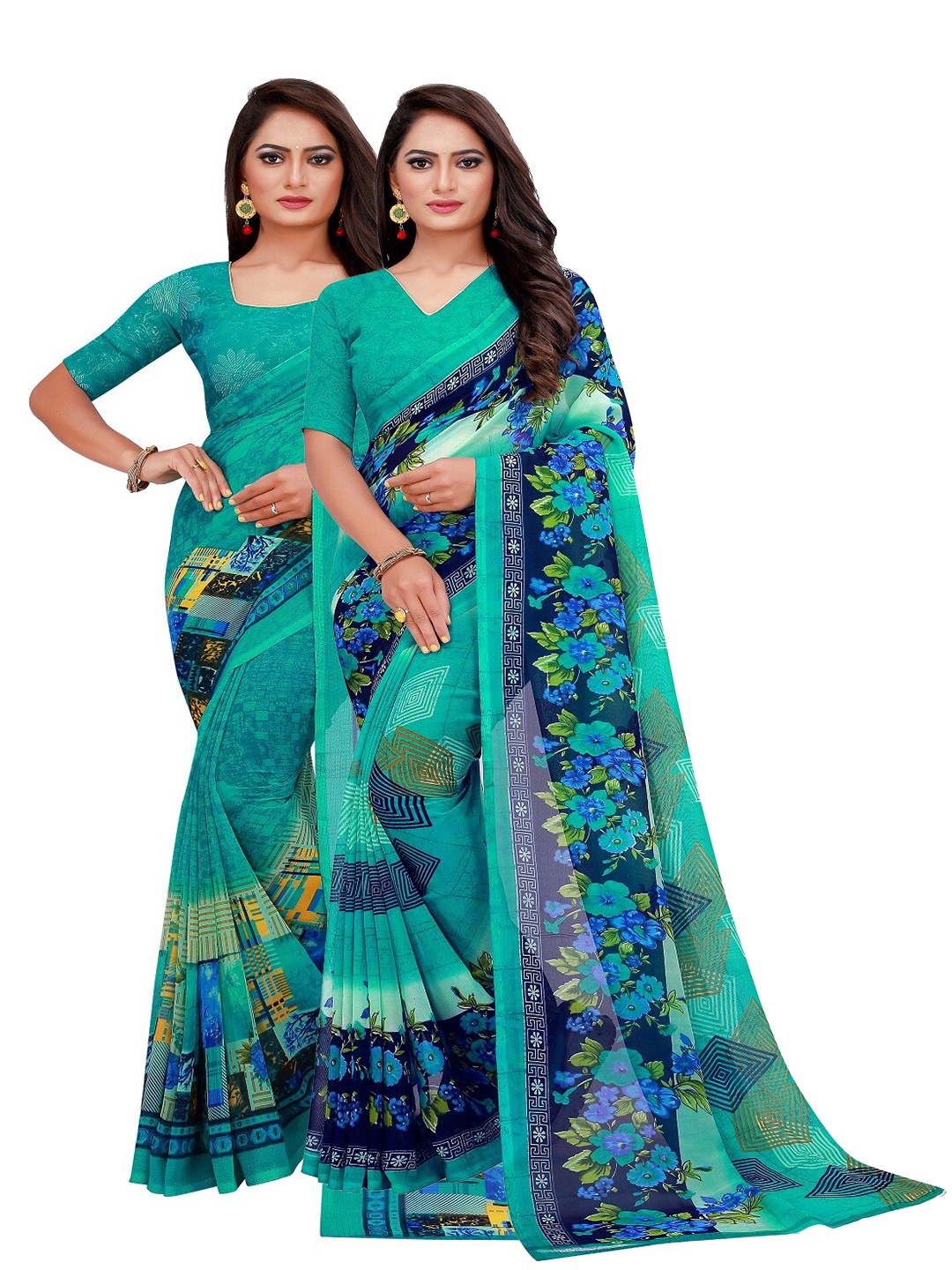 

Silk Bazar Pack of 2 Turquoise Blue & Green Printed Pure Georgette Saree