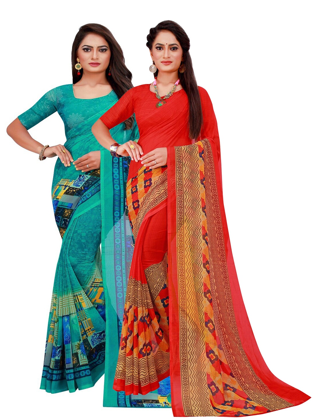 

Silk Bazar Pack of 2 Red & Turquoise Blue Printed Pure Georgette Saree