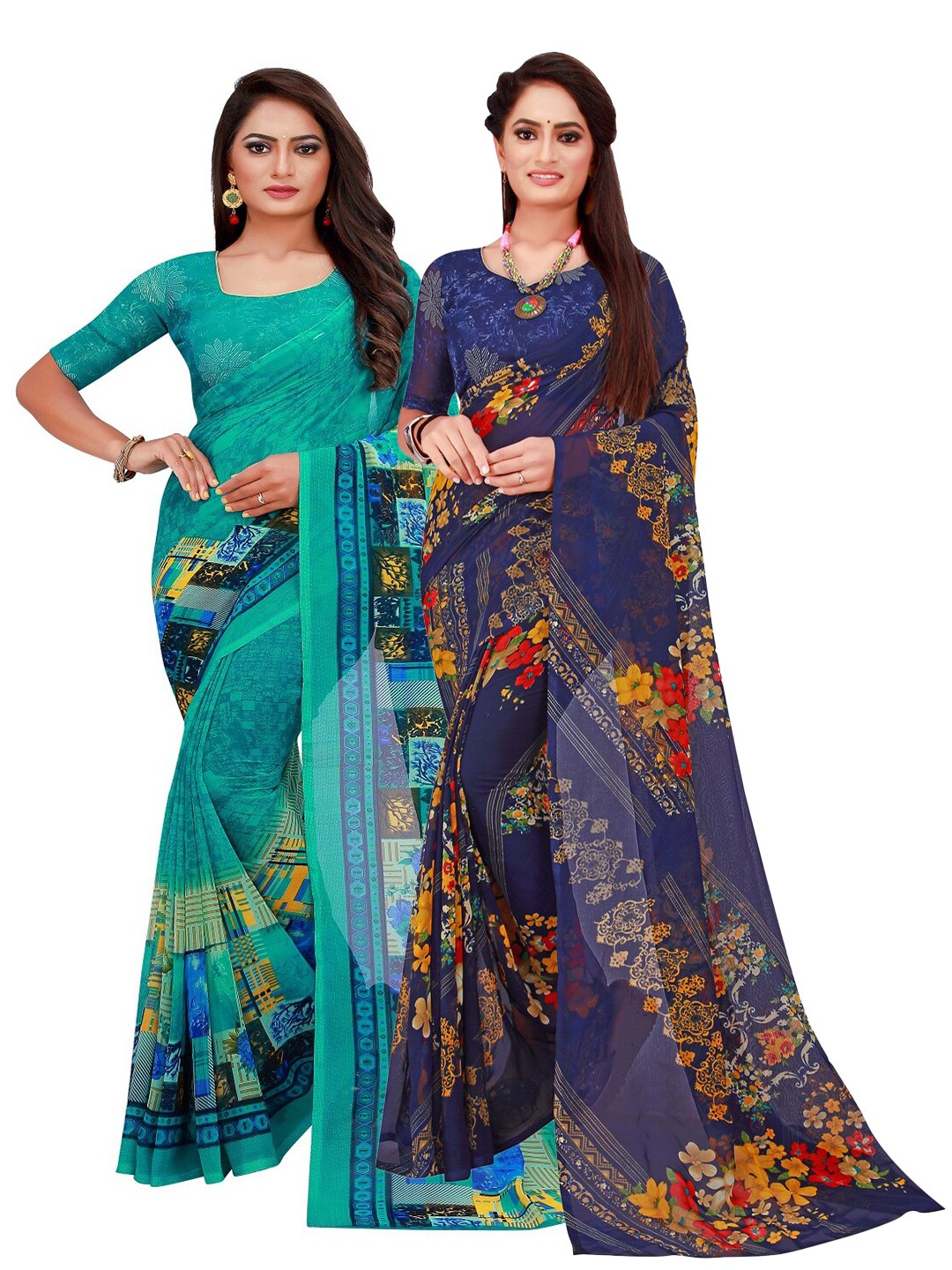 

Silk Bazar Pack of 2 Turquoise Blue & Navy Blue Pure Georgette Saree
