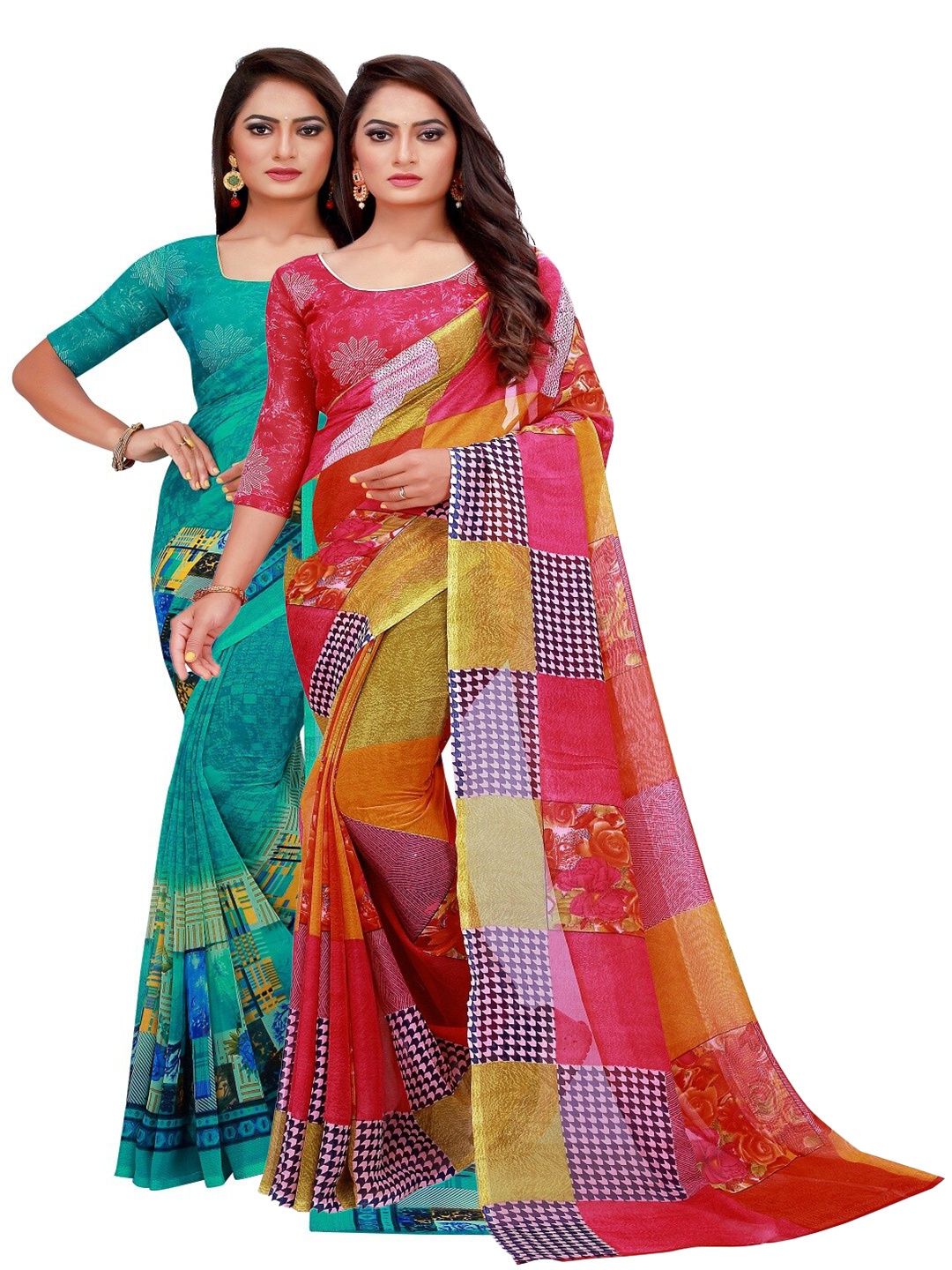 

Silk Bazar Pack of 2 Red & Turquoise Blue Printed Pure Georgette Saree