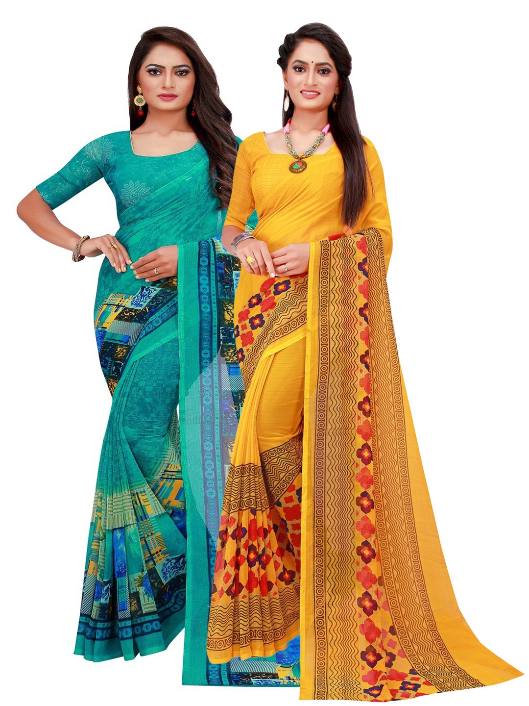 

Silk Bazar Pack of 2 Turquoise Blue & Yellow Printed Pure Georgette Saree