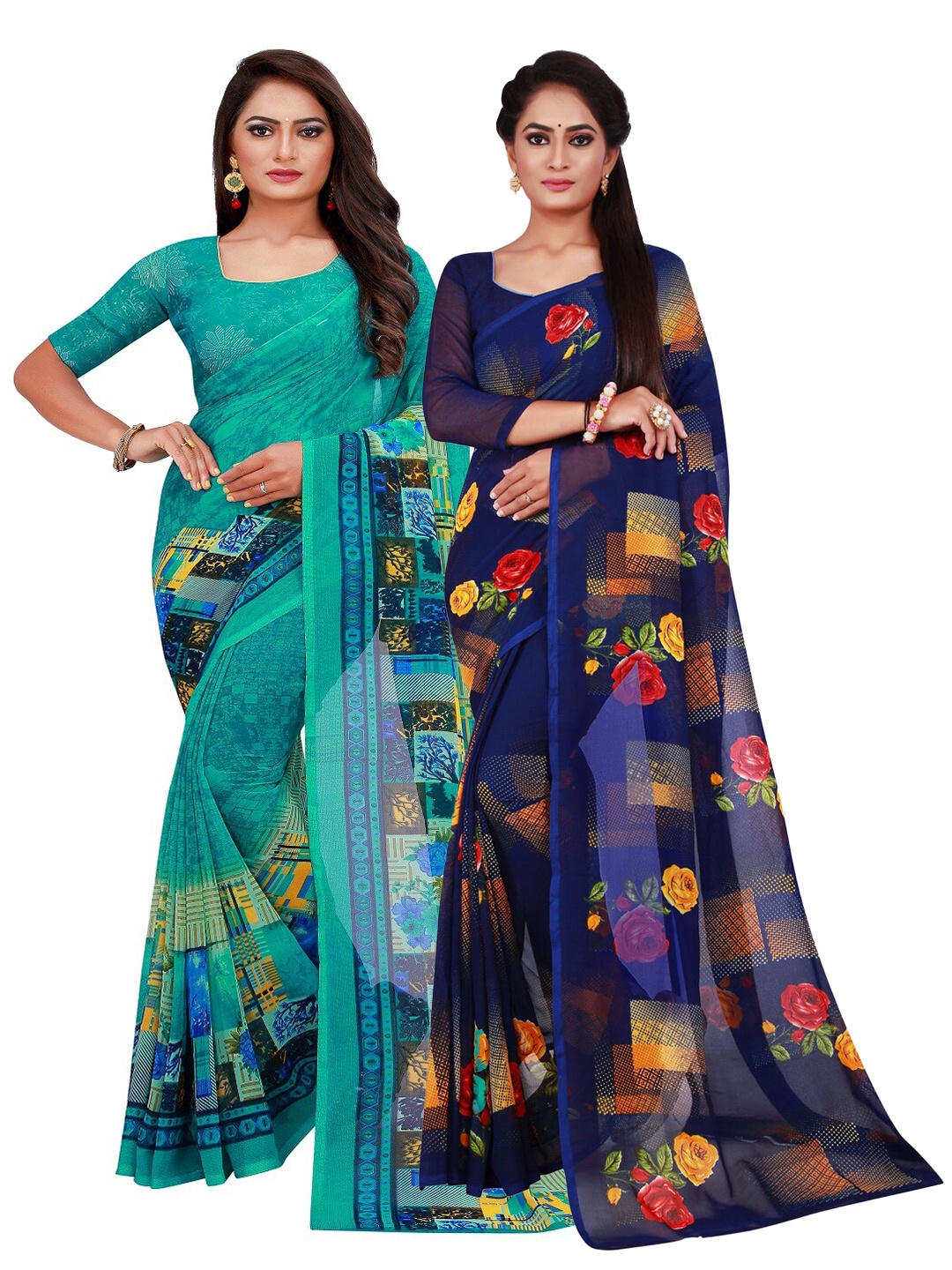 

Silk Bazar Pack of 2 Turquoise Blue & Navy Blue Printed Pure Georgette Saree