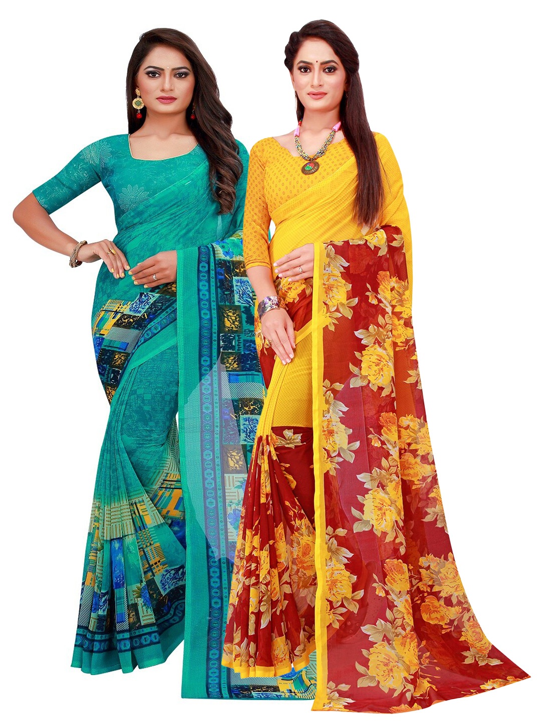 

Silk Bazar Pack of 2 Turquoise Blue & Yellow Printed Pure Georgette Saree