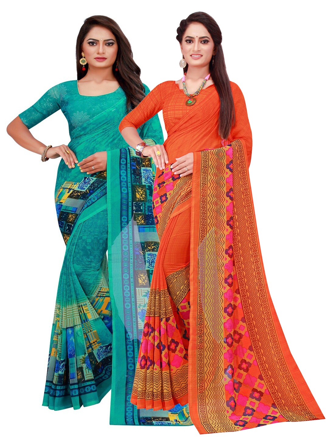 

Silk Bazar Pack of 2 Orange & Turquoise Blue Printed Pure Georgette Saree