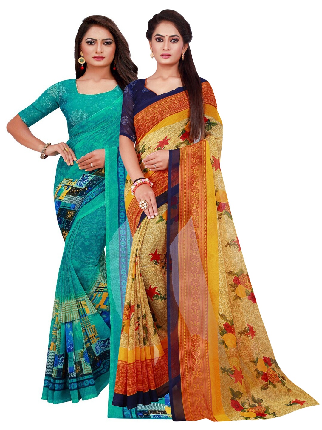 

Silk Bazar Pack of 2 Turquoise Blue & Beige Printed Pure Georgette Saree