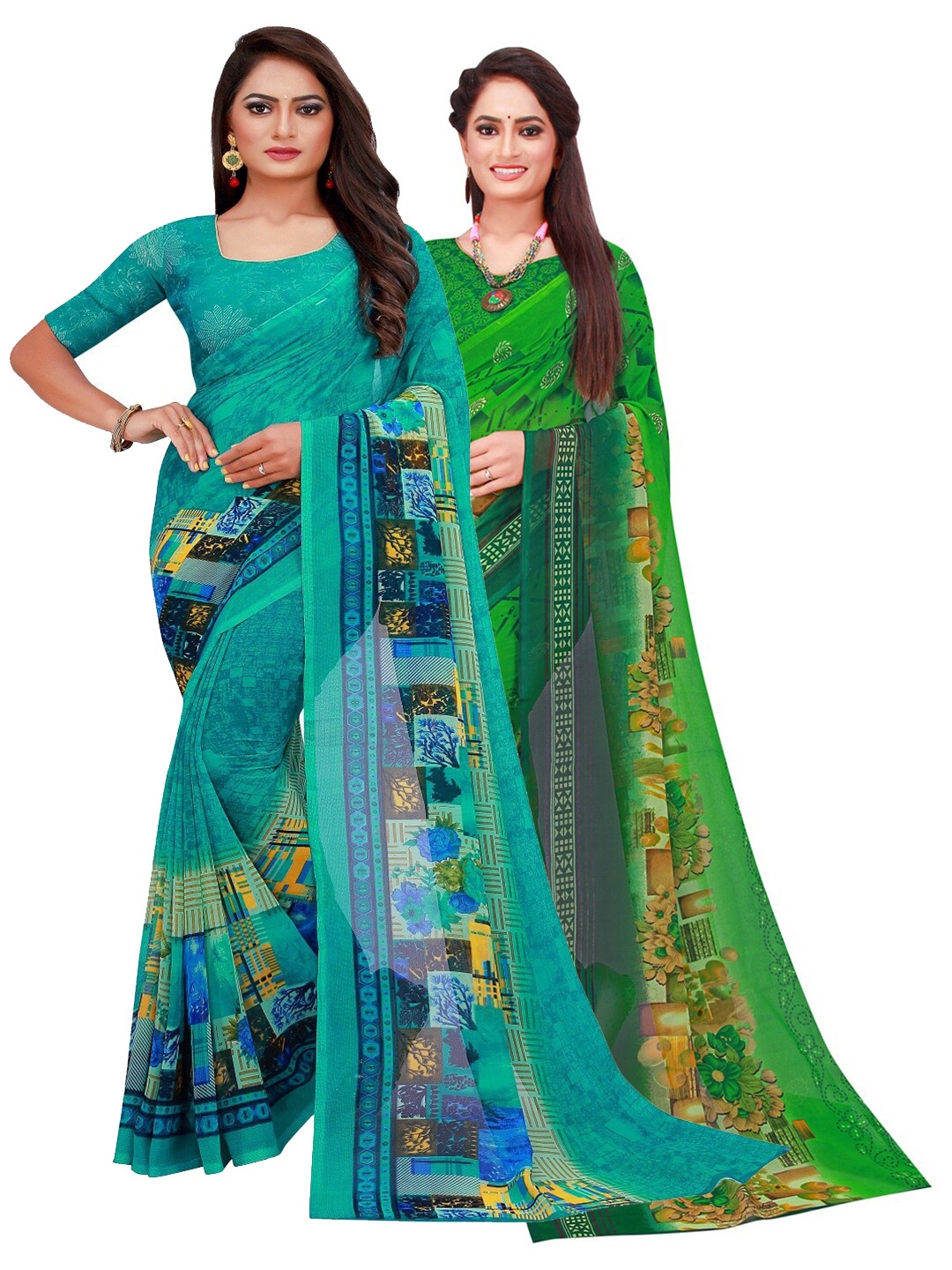 

Silk Bazar Pack of 2 Turquoise Blue & Green Printed Pure Georgette Saree