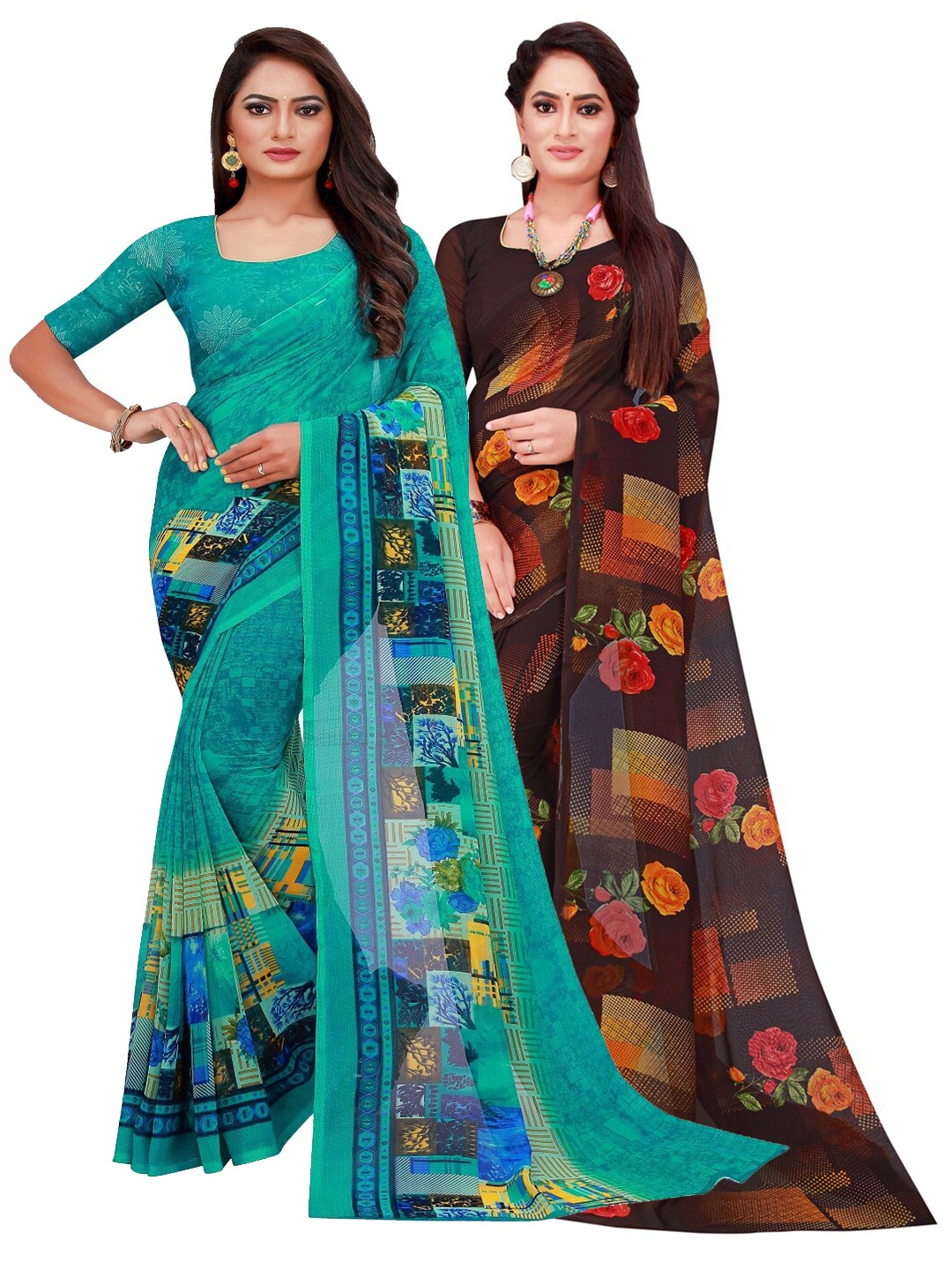 

Silk Bazar Pack of 2 Turquoise Blue & Black Printed Pure Georgette Saree