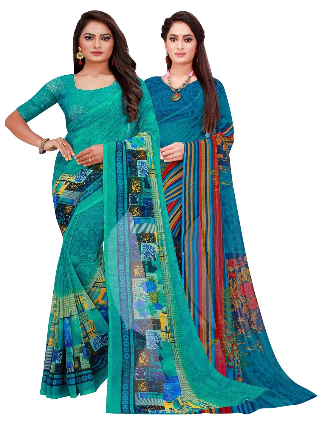 

Silk Bazar Pack of 2 Turquoise Blue & Blue Printed Pure Georgette Saree