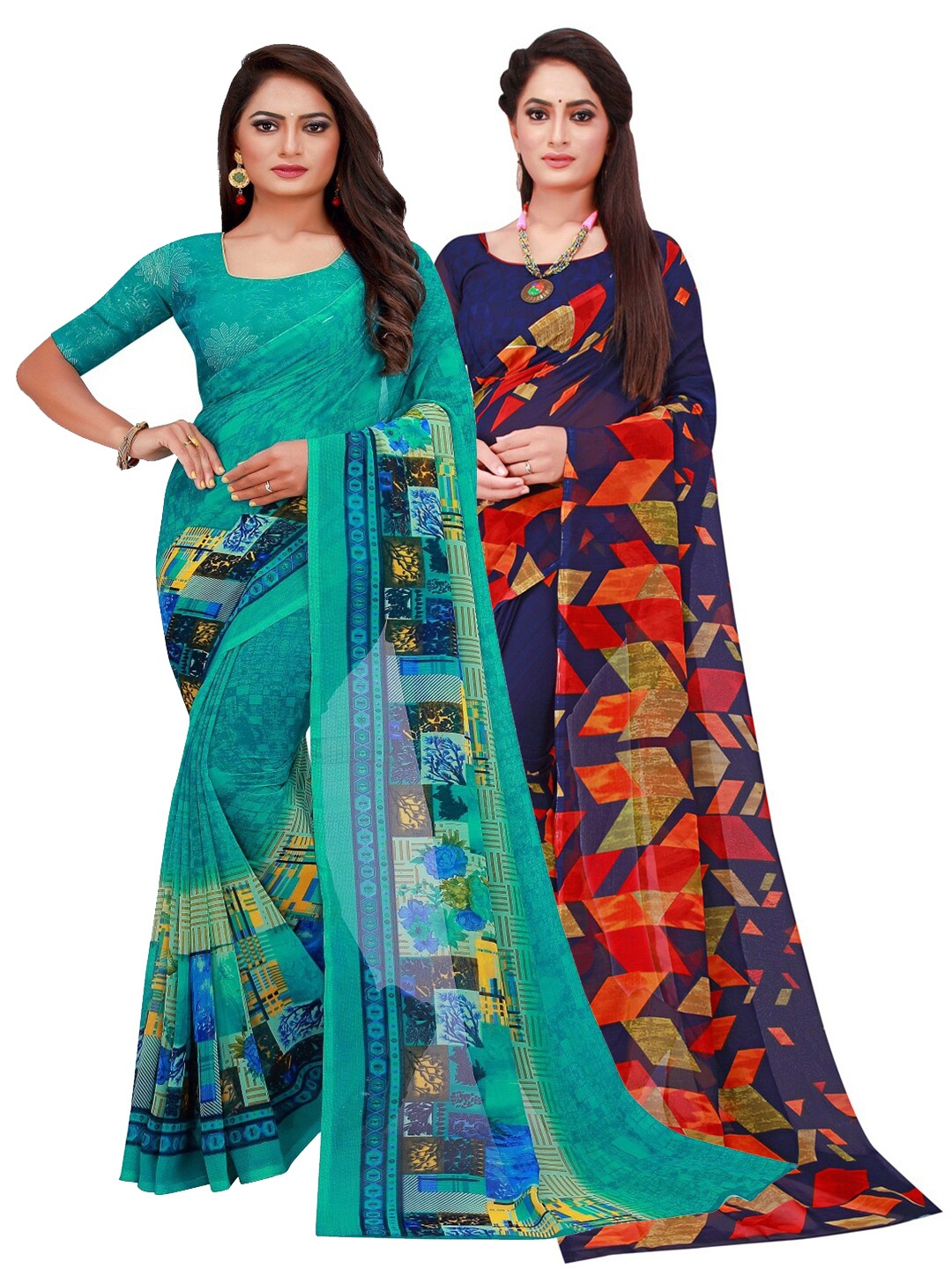 

Silk Bazar Pack of 2 Navy Blue & Turquoise Blue Printed Pure Georgette Saree
