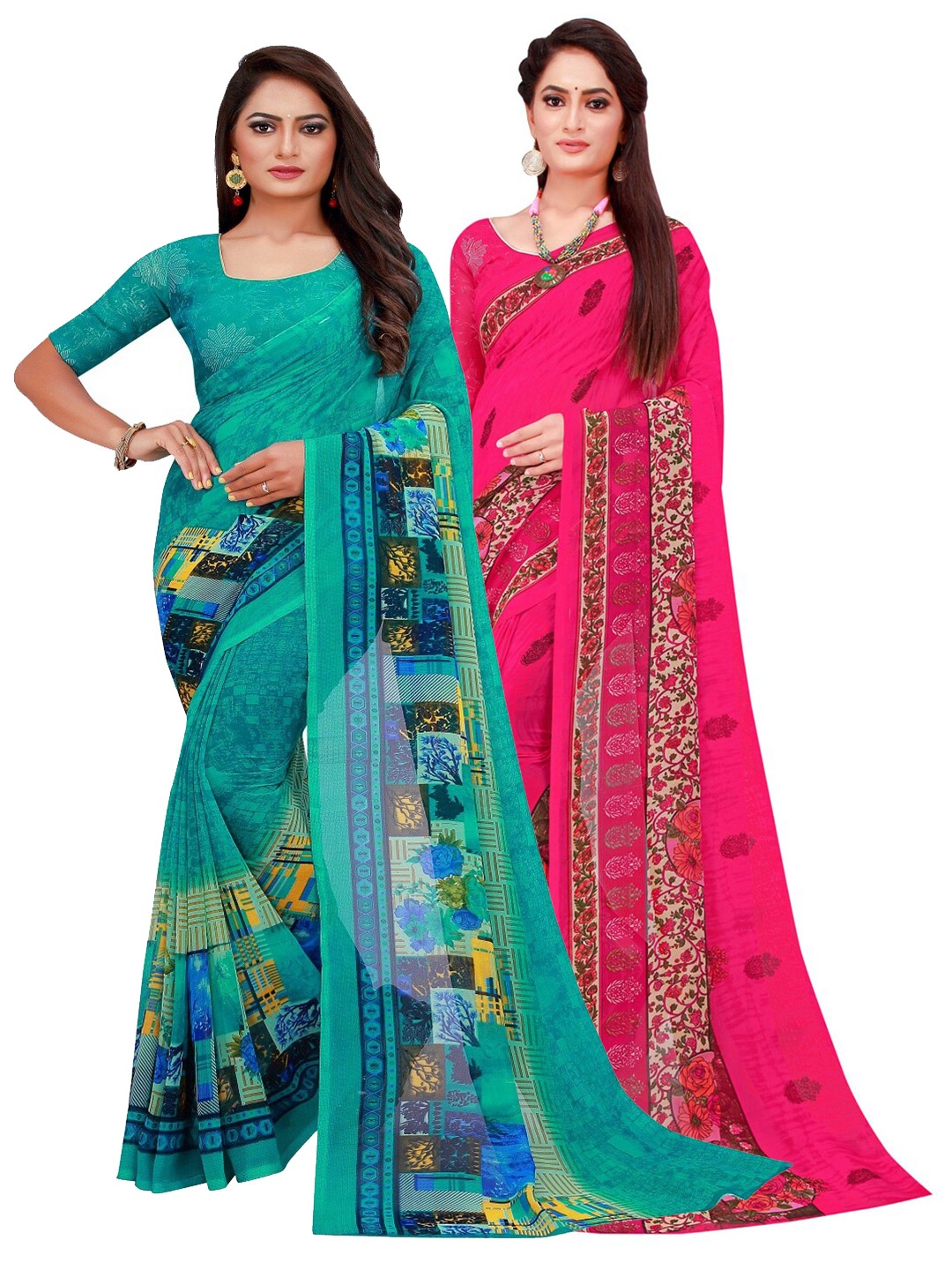 

Silk Bazar Pack of 2 Turquoise Blue & Pink Printed Pure Georgette Saree