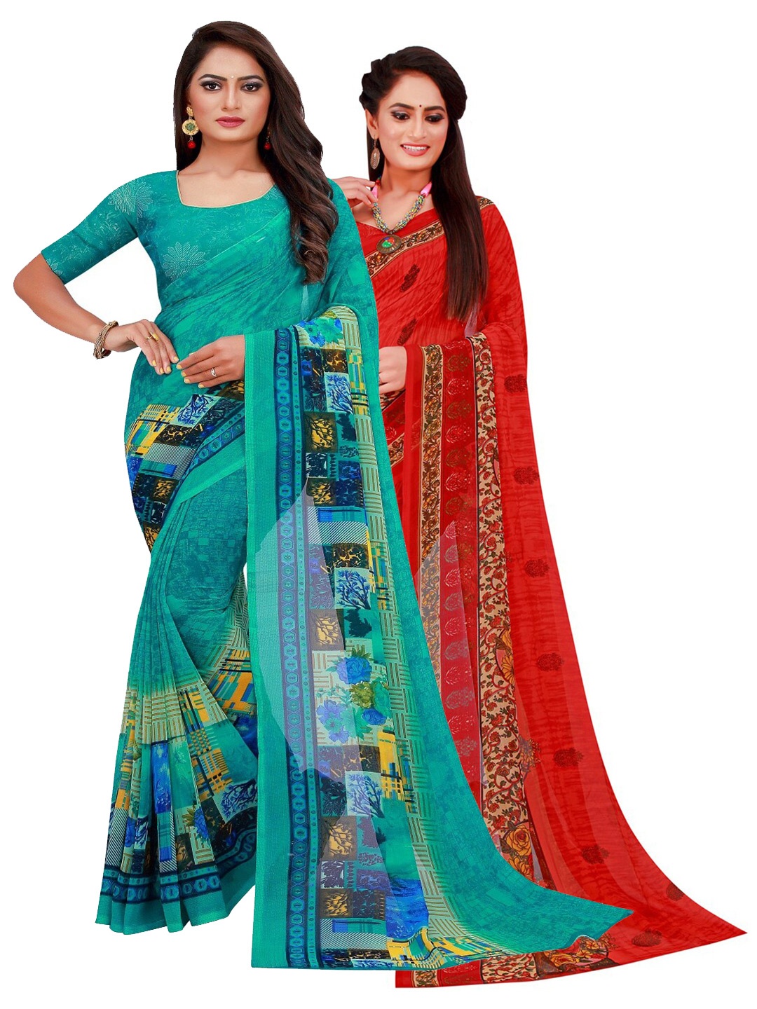 

Silk Bazar Pack of 2 Turquoise Blue & Red Floral Printed Pure Georgette Saree